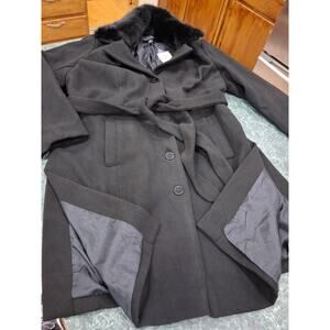 NEW Colleen Lopez PLUS SZ 1X Faux Fur Collar Belted Pea Coat Mid Length Slits